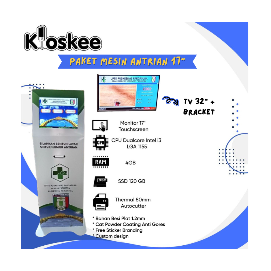 Kioskee Paket Mesin Antrian Komplit Kiosk touchscreen 17" + TV dan Bracket Free Software dan Brandin