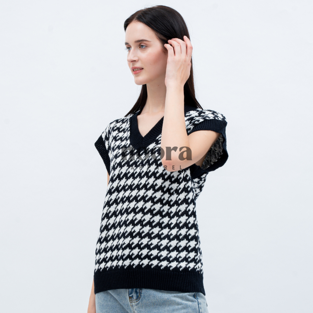 NOORA - Jennie BlackPink Houndstooth Knit Vest (Rompi Rajut Wanita Motif Houndstooth)
