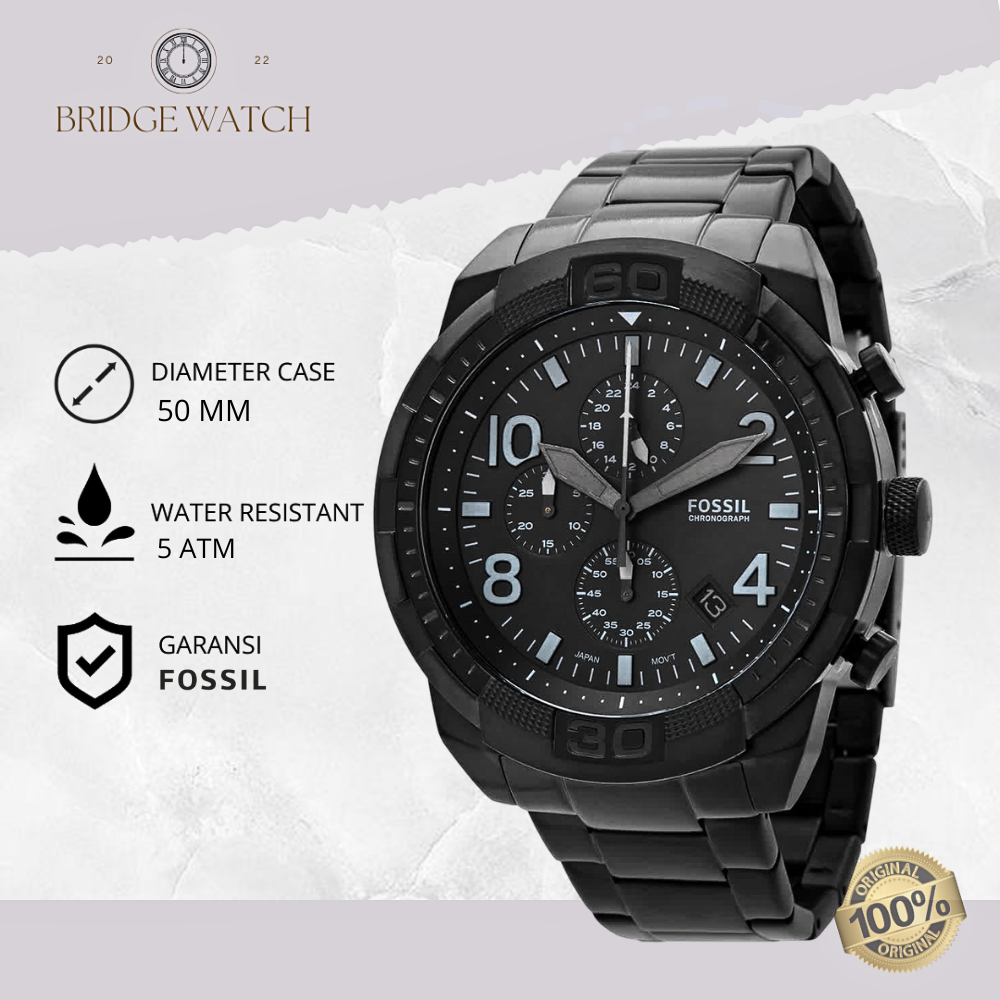 Jam Tangan Pria Fossil Men Bronson Analog Strap Rantai Cowok Chronograph Hitam Stainless Steel Water