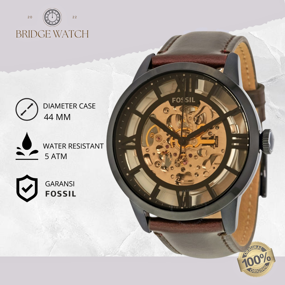 Jam Tangan Pria Fossil ME3098 Original Townsman Automatic Analog Leather Strap Kulit Brown Water Res