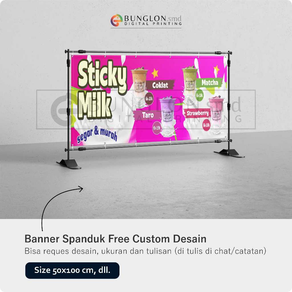 SPANDUK BANNER MINUMAN STYCKY MILK FREE DESAIN