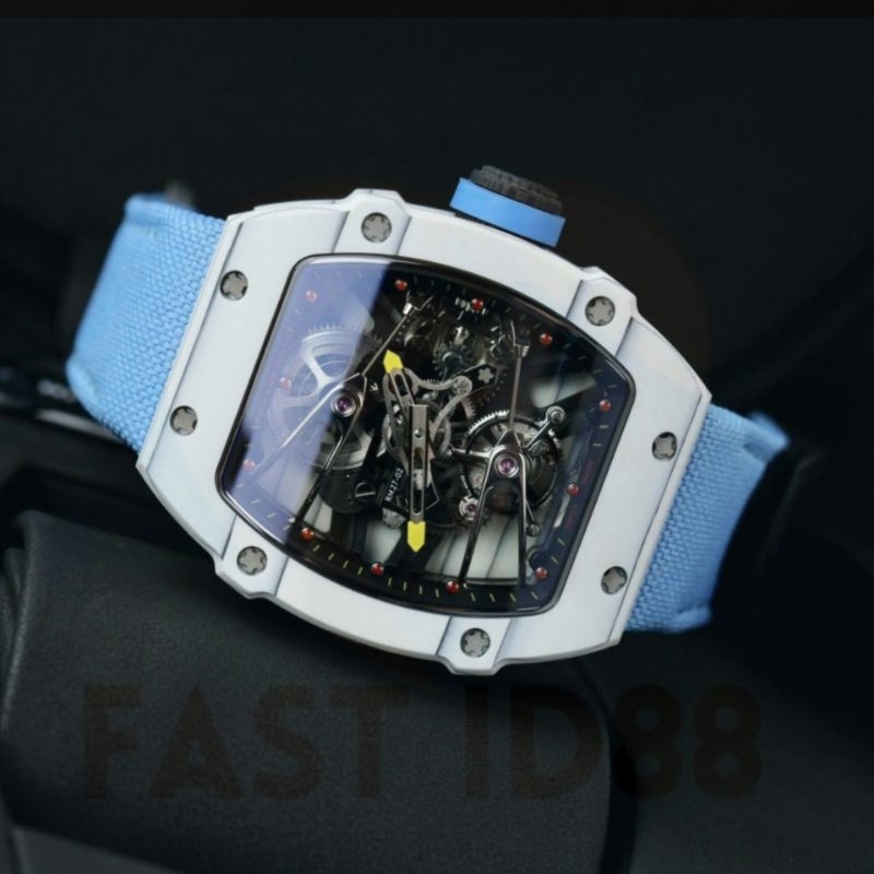 JAM TANGAN PRIA TOURBILLON RM27 02 NTPT CARBON SKELETON DIAL NYLON LEATHER STRAP