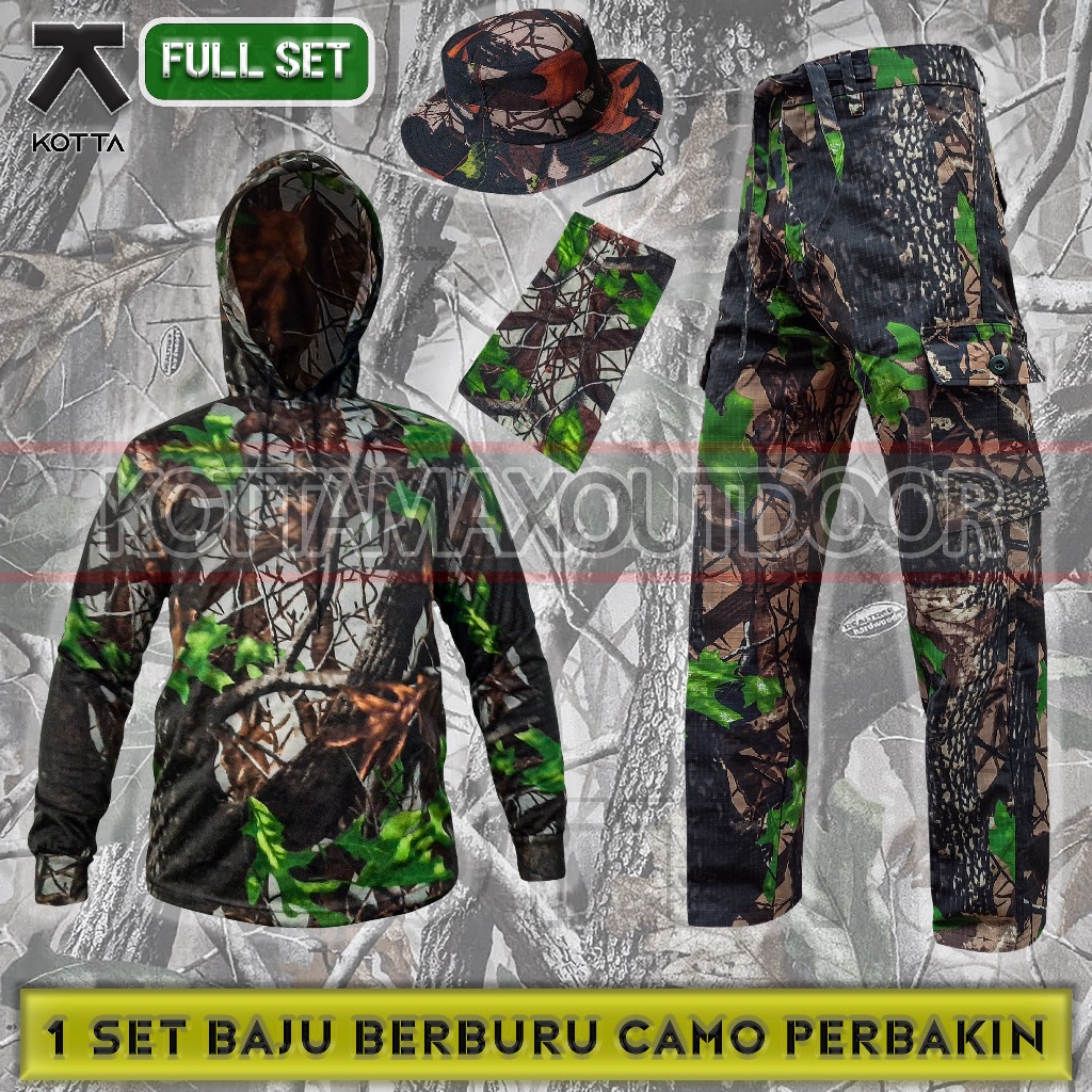 Satu Set Setelan Baju Kaos Hoodie Celana Topi Rimba Kamuflase Camo Perbakin Hunting Berburu