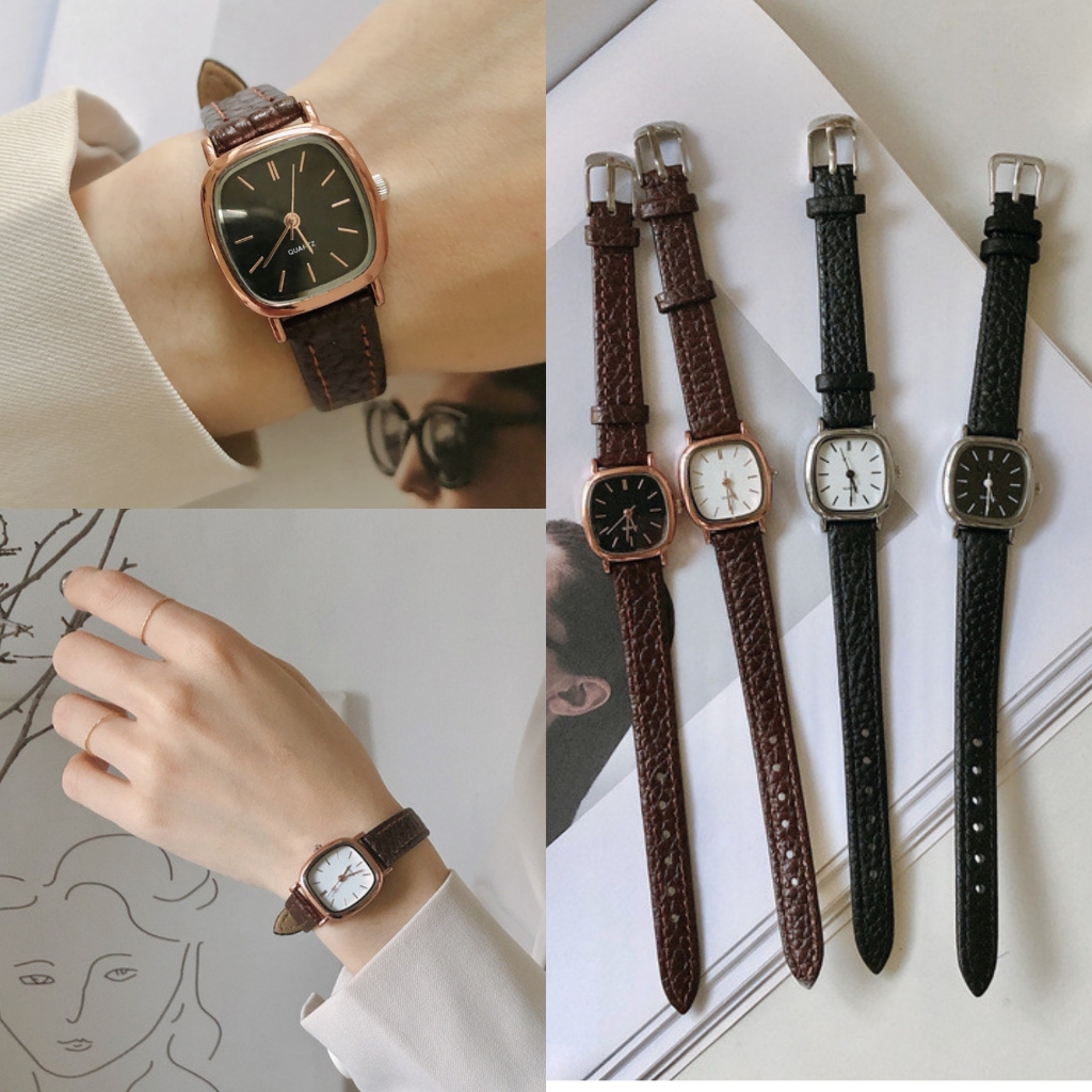 Jam Tangan Vintage Kulit Jam Tangan Wanita Kotak Jam Tangan Analog Simple Jam Tangan Import Fashion 