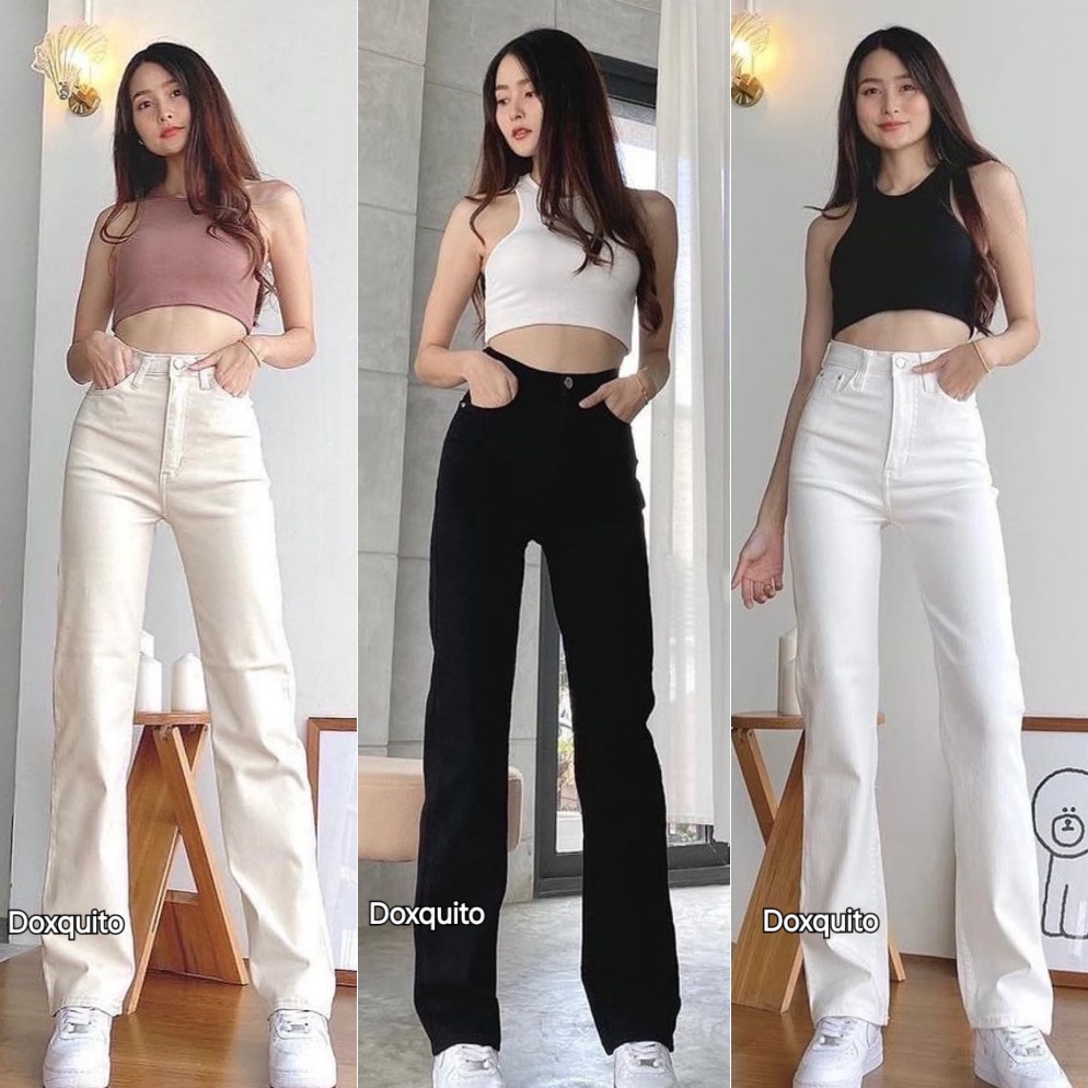 LANGSUNG KIRIM Doxquito  Highwaist Loose Denim Putih Baggy Celana Jeans Wanita Panjang Hitam Cream K