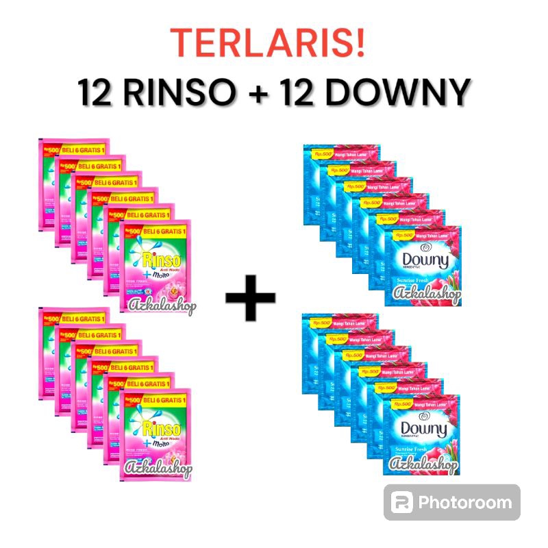 TERLARIS KOMBO 12 SASET RINSO + 12 SASET DOWNY PEWANGI PAKAIAN | PAKET MENCUCI DETERJEN CAIR DAN PEW