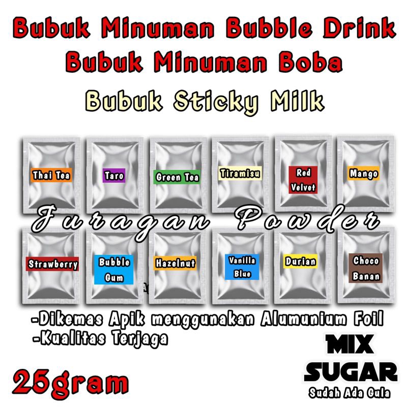

Bubuk Minuman Rasa 25gr Mix Sugar Serbuk Minuman Kekinian Sticky Milk Viral
