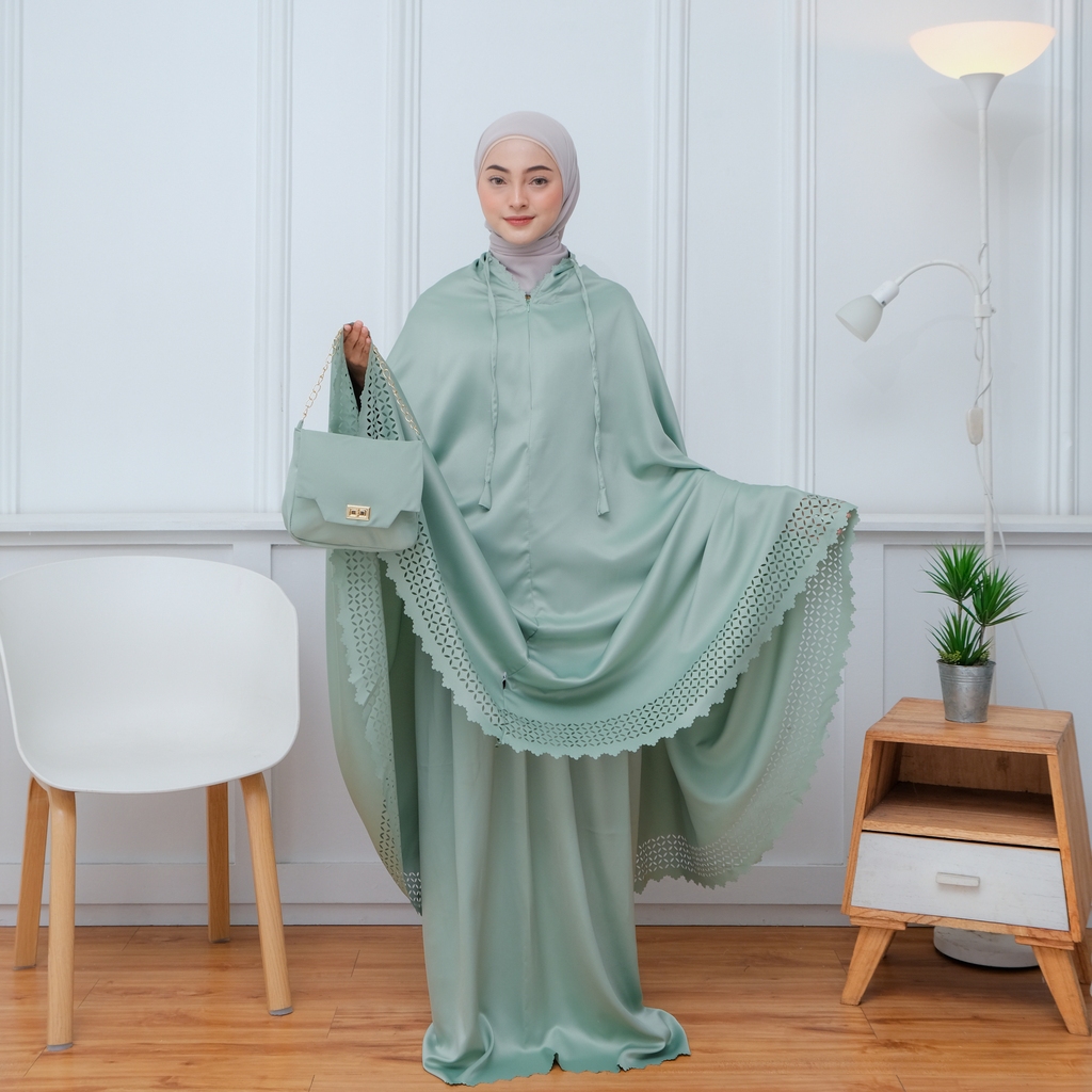 Mukena Lazrra Dewasa 2in1 Mewah Satin Silk Sutra Premium Lasercut Travelling Lazrra Series - MUVENA