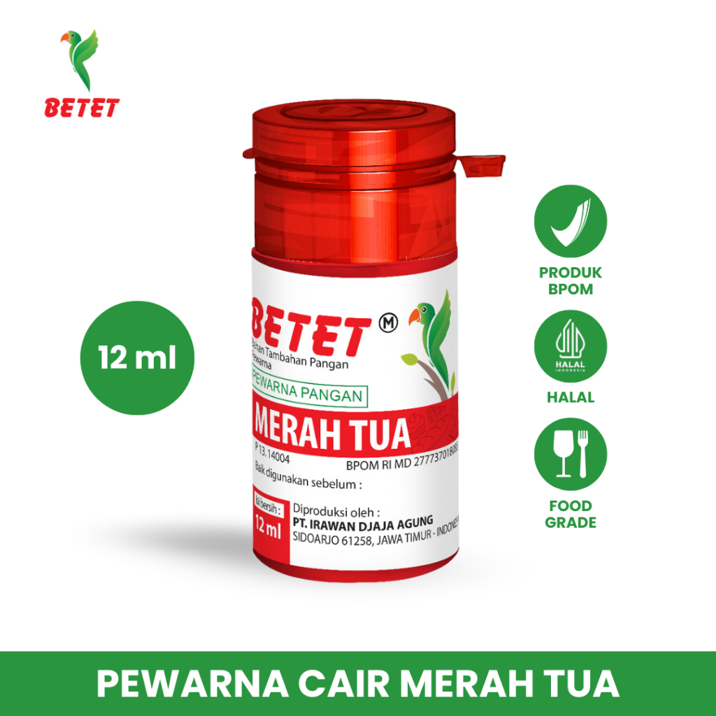 

BETET - Pewarna Pangan Cair Merah 12ml | Pewarna Makanan BPOM, Halal & Food Grade untuk Kue & Minuman