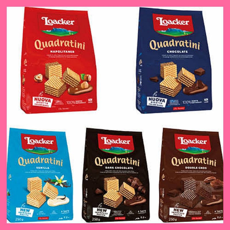 

loacker wafer besar quadratini napolitaner chocolate vanilla hazelnut cheese moka 250gr besar