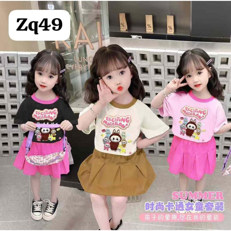 Set Rok Plisket Labubu HONE BABY Anak Perempuan Import Premium + tas selempang 1-5 taun