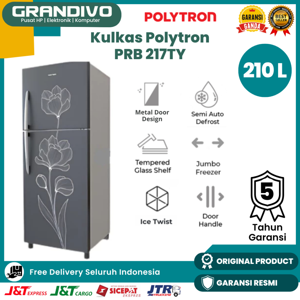 Kulkas Polytron 2 Pintu 210 Liter PRB 217TY Tanpa Bunga Es Low Watt Fast Cooling Rak Kaca Jumbo Free