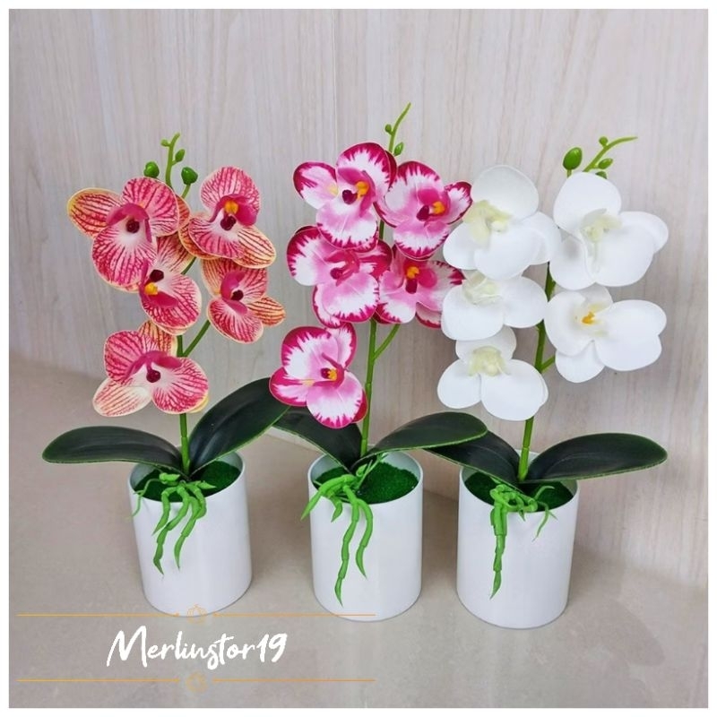 Bunga Hias Anggrek Plastik Pot Artificial Flowers Palsu Pajangan Meja Dekorasi Rumah PBP73