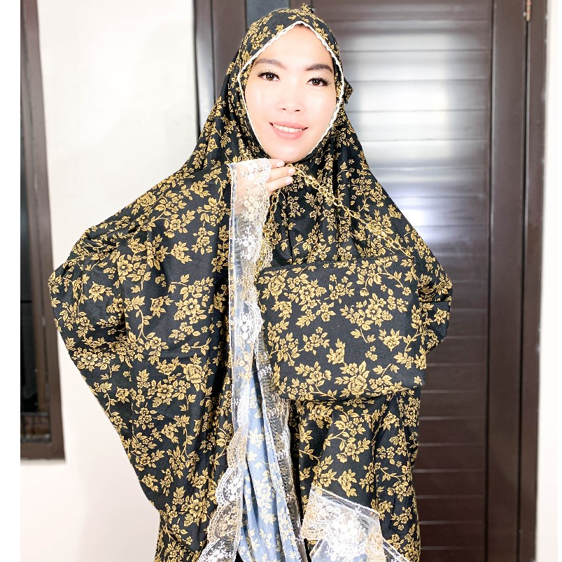 Mukena Dewasa Katun Foil Hitam 2in1 Model Keliling Motif Gold Bunga Cantik Mewah Renda Tileu Bahan