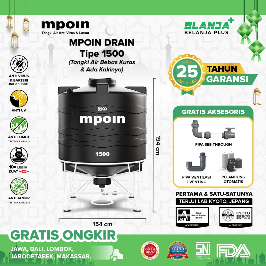 Toren Tangki Tandon Air Mpoin Drain 1500 DRAIN Tangki Bebas Kuras Anti Virus Anti Bakteri Anti Lumut