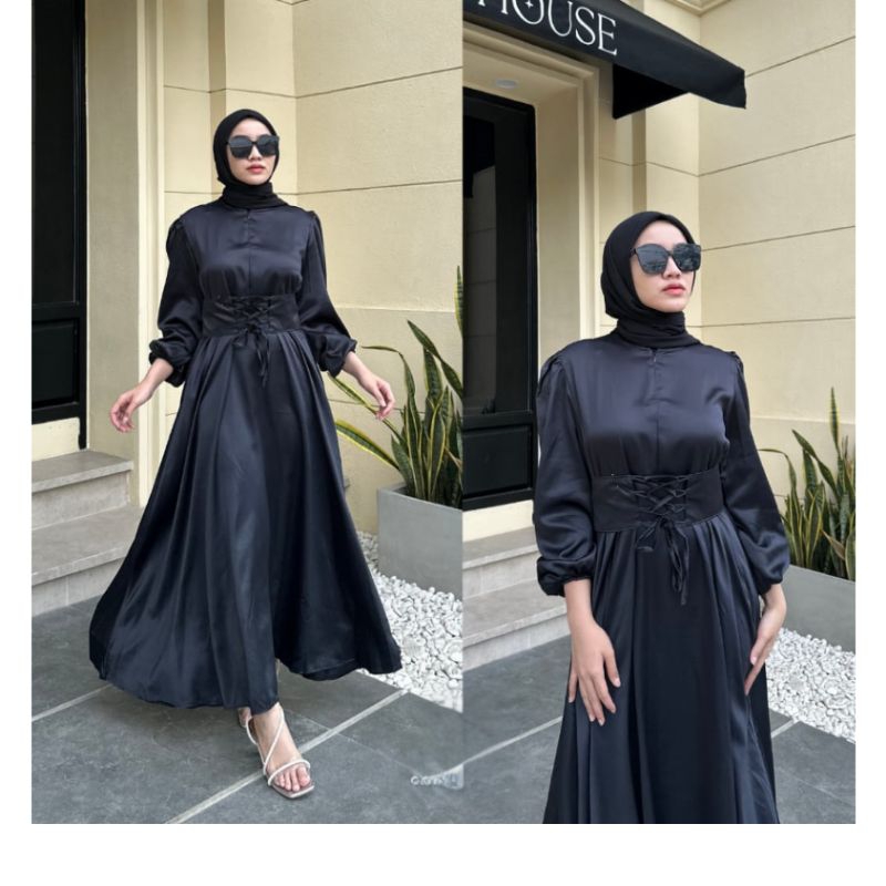 Amaina Dress - Gamis Satin - Dress Kondangan - Dress Wanita - Dress Korean Style - Gamis Pesta Mewah