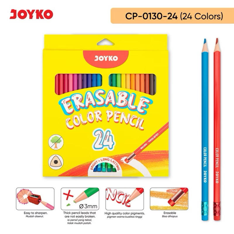 

Pensil Kayu Warna Bisa Dihapus / Erasable Color Pencil Joyko CP-0130-24