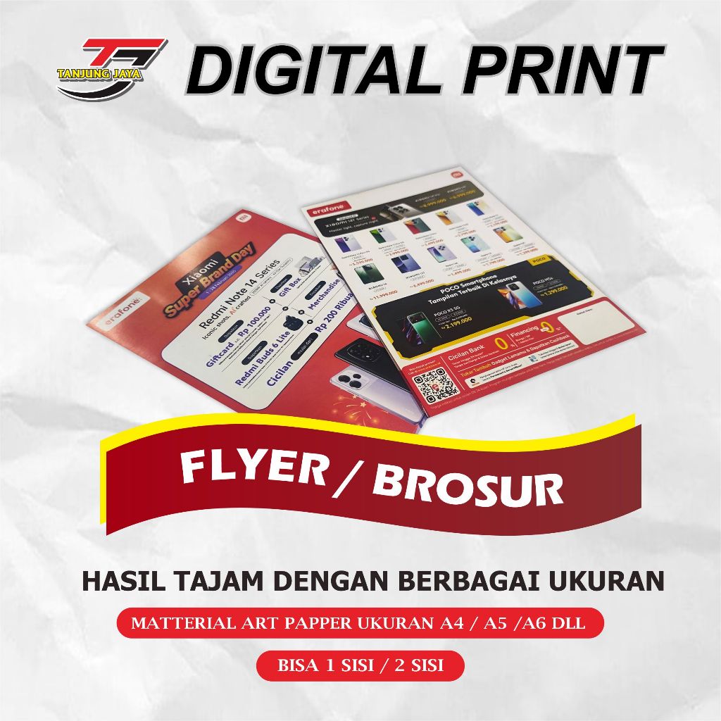 

BROSUR / FLYER BAHAN ART PAPER 150 GSM 1 & 2 SISI UKURAN A6 A5 A4 CETAK DIGITAL PRINT TANJUNG JAYA