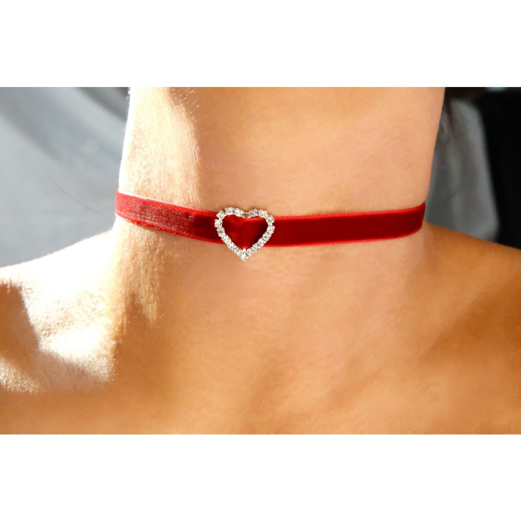 red velvet rhinestone heart choker