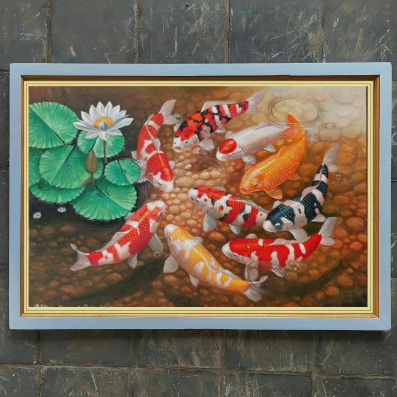 hiasan dinding lukisan cetak ikan koi hoxy plus bingkai ukuran 85*55