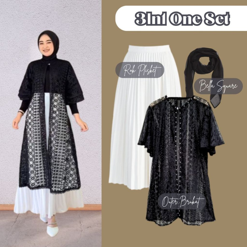 3in1 One Set MALLIKA OUTER BRUKAT Lengan Pendek Ruffle Kondangan Hari Raya (Outer+Rok Plisket+Hijab)