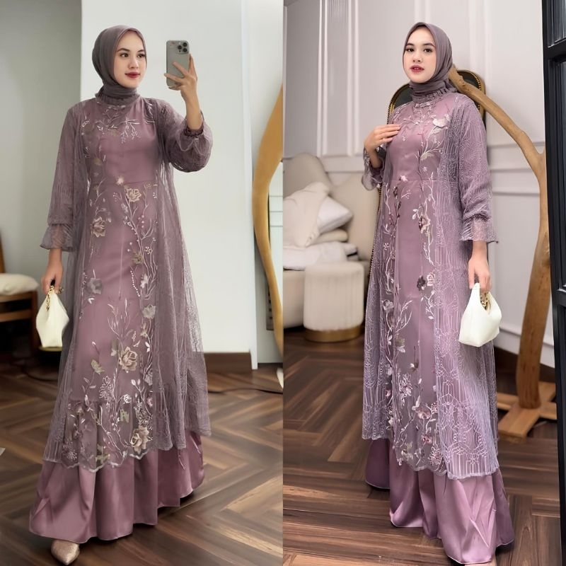 Gamis Brokat Burgundy Remaja Gamis Kondangan Kekinian Dress Pesta Mewah Wanita Gamis Lebaran 2025