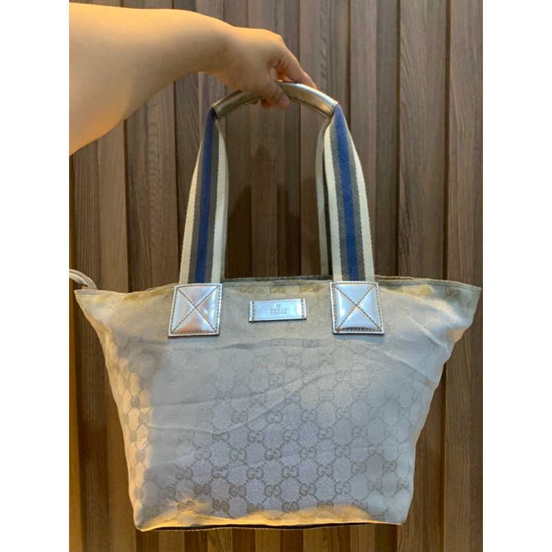 GUCCI Sherry Line GG Canvas Tote Bag Gray Silver Blue (Vintage) Authentic Preloved