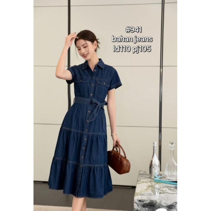 Dres Jeans Kerah 941 Ukuran XL Bahan Jeans - Lingkar Dada 110 cm, Panjang 105 cm - Midi, Baju, Wanit
