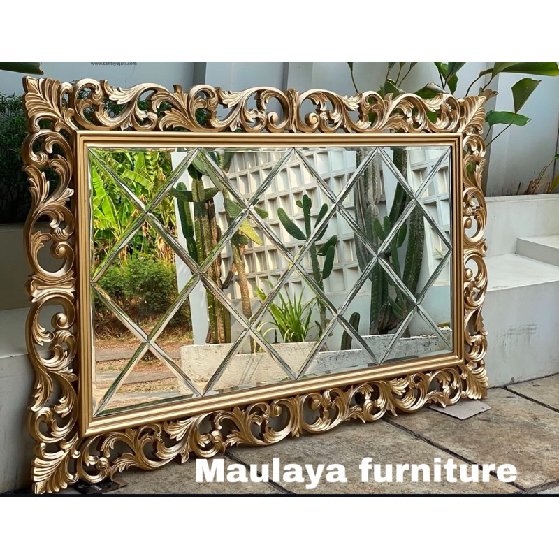 Cermin Dinding Ukir Frame Kayu Kaca Bevel