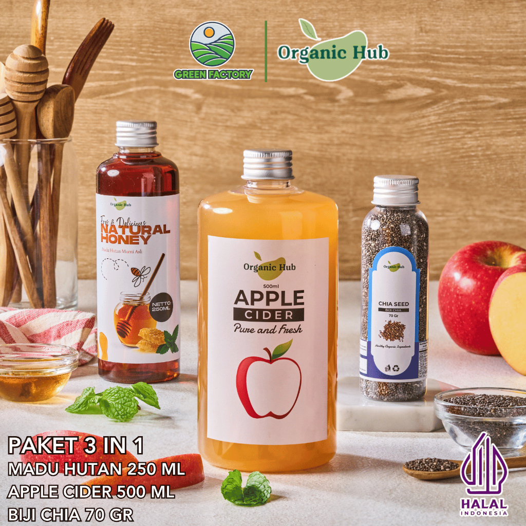 

Organic Hub Paket 3 in 1 Apple Cider With Mother Original Cuka Apel Murni Madu Hutan Chia Seed