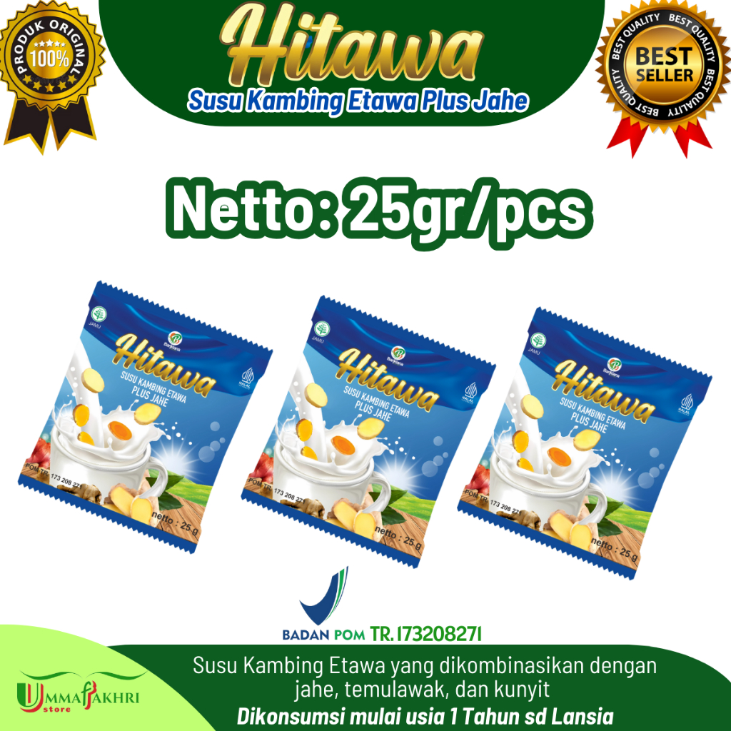 

HITAWA SACHET / Netto 25gr /pcs / Susu Etawa Plus Herbal Jahe Kunyit Temulawak
