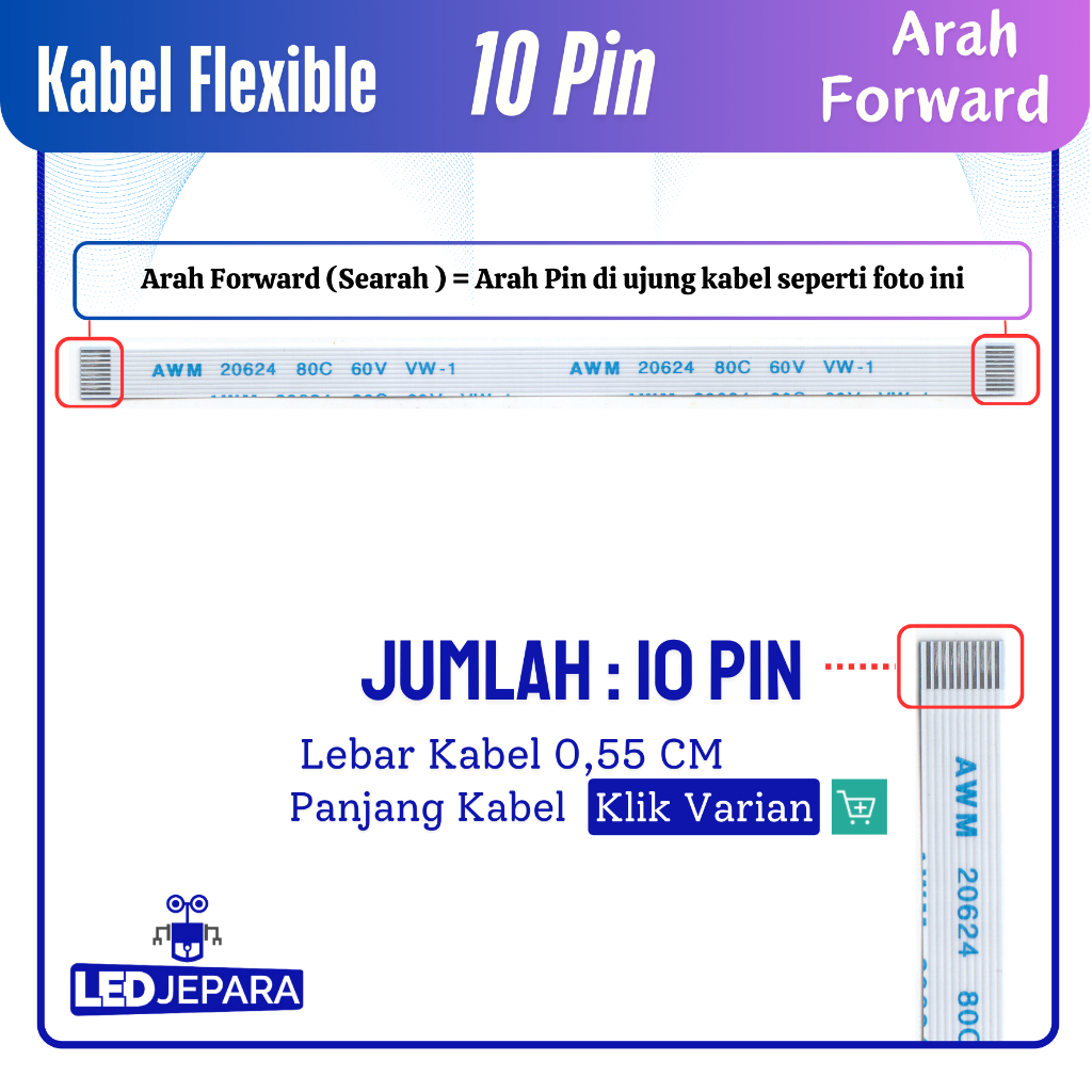 Kabel Flexible Laptop 10 Pin Lebar 0,55 CM Forward Searah  Cable Fleksibel 80C 60V