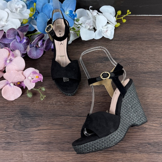 Black Wedges Sandal Sepatu Kasual Wanita Heels 10cm AVEDA GA4498 SALE CUCI GUDANG