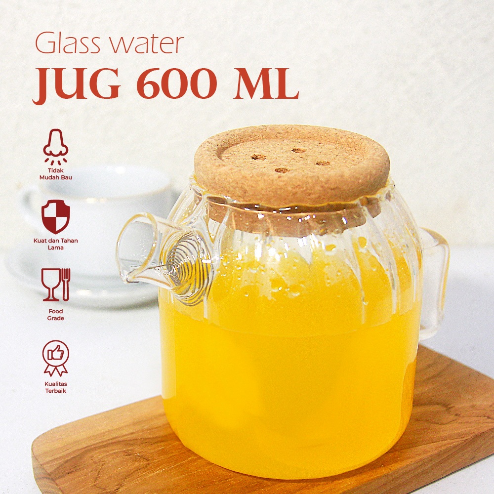 Teko Kaca Aesthetic Tutup Kayu Pitcher Water Tea Jug Filter 600 ml