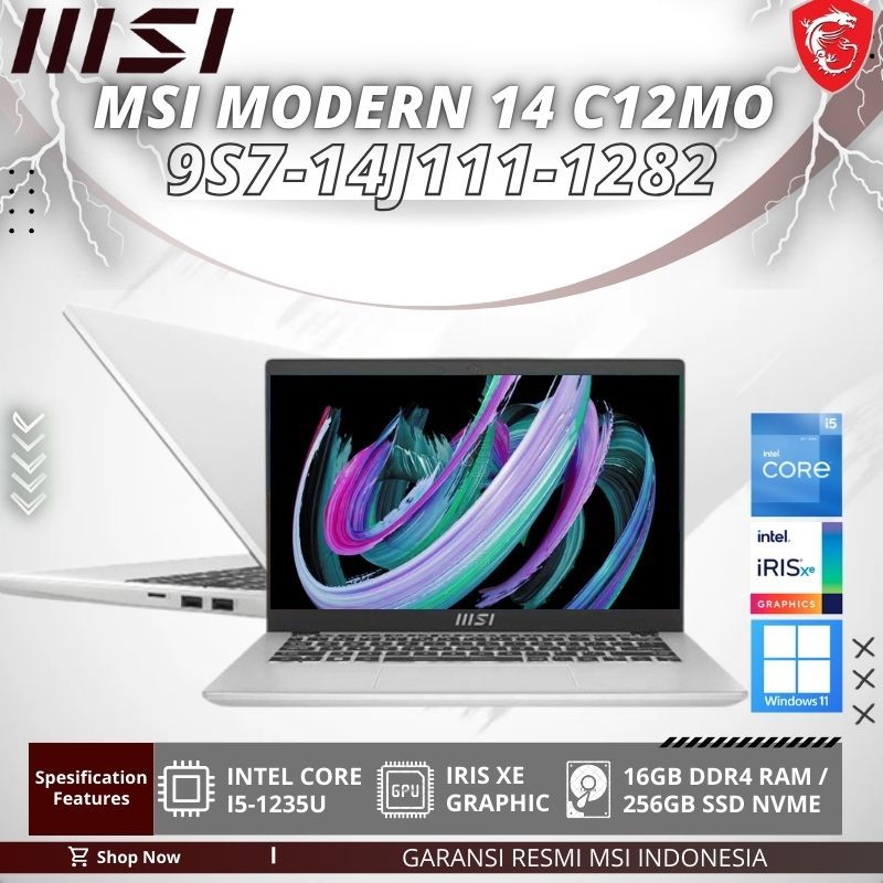 Laptop Gaming MSI Modern 14 Core i5-1235U 16GB 512GB W11+OHS 14.0FHD IPS Backlit Iris Xe SLV - (9S7-