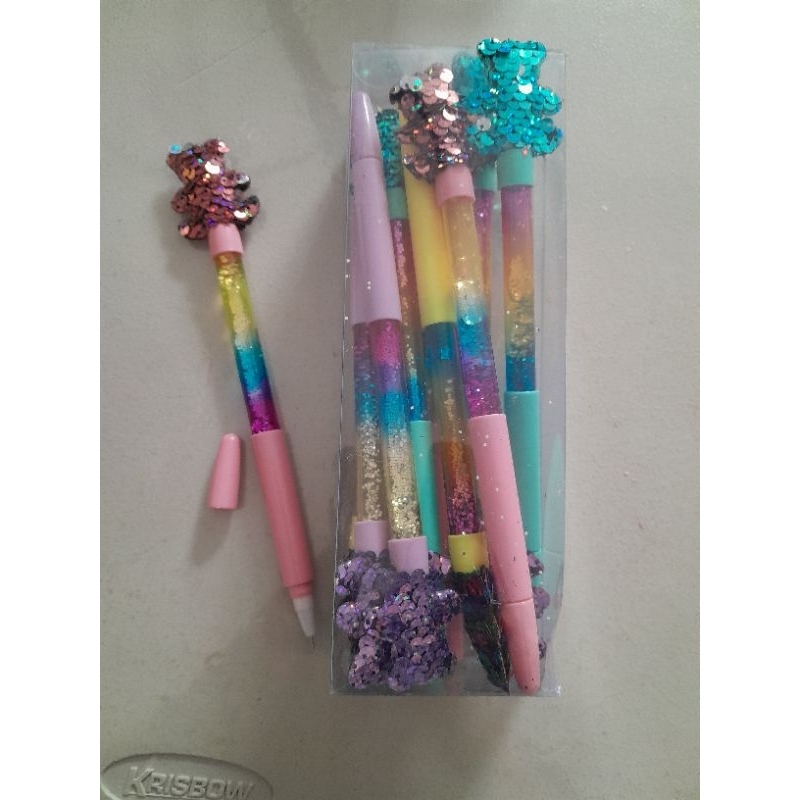 

pen gel hitam motif air glitter kepala bear