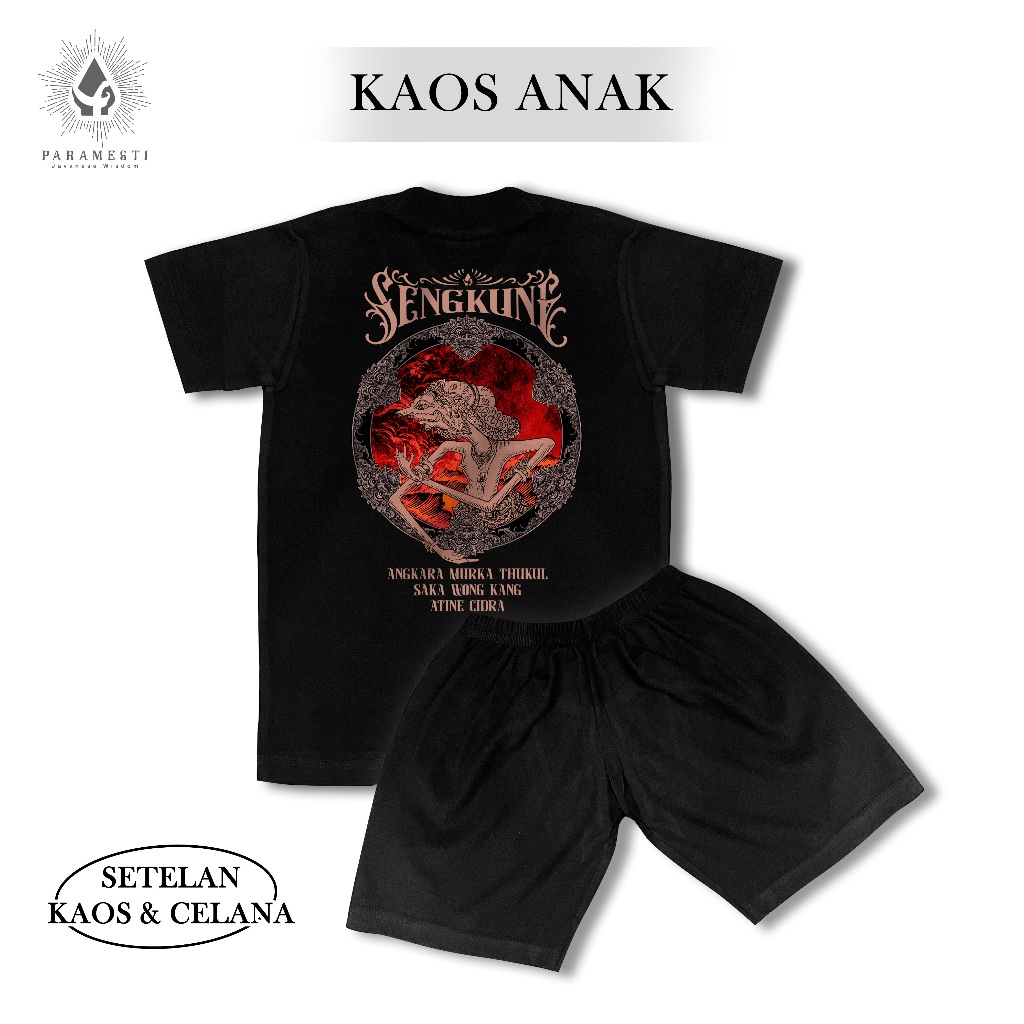 Paramesti Setelan Kaos Celana Anak  Wayang Jawa Sengkuni T-shirt Laki-laki Pria Perempuan Cotton Kat