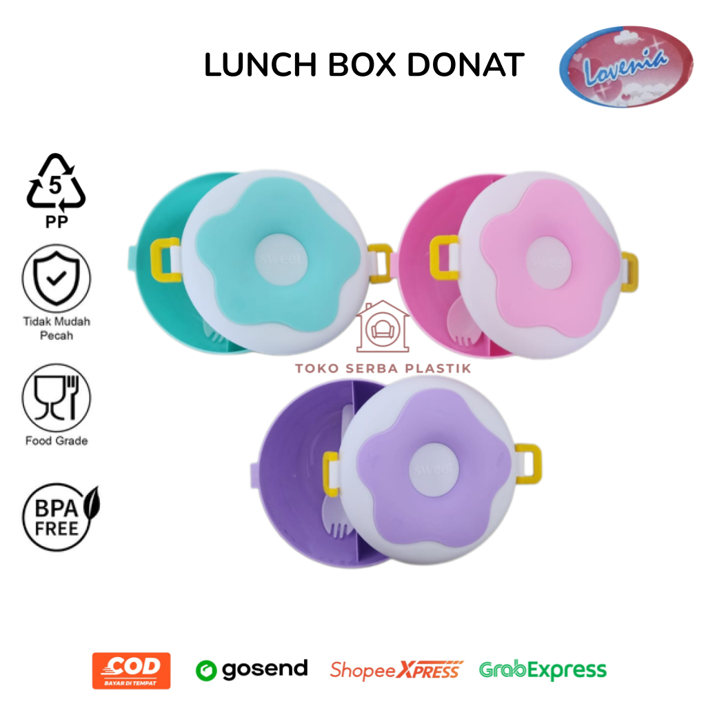 Lunch Box Donat Besar 1 Set dengan Sendok / Kotak Tepak Bekal Makanan Ompreng Plastik Viral Lucu