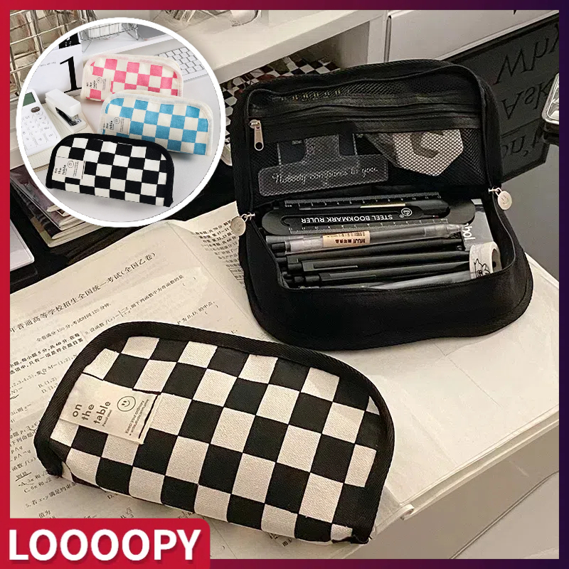 

Kotak pensil kotak-kotak hitam putih berkapasitas besar / Kotak pensil / Super Large Capacity Pencil Case / Tempat alat tulis Jepang berkapasitas besar