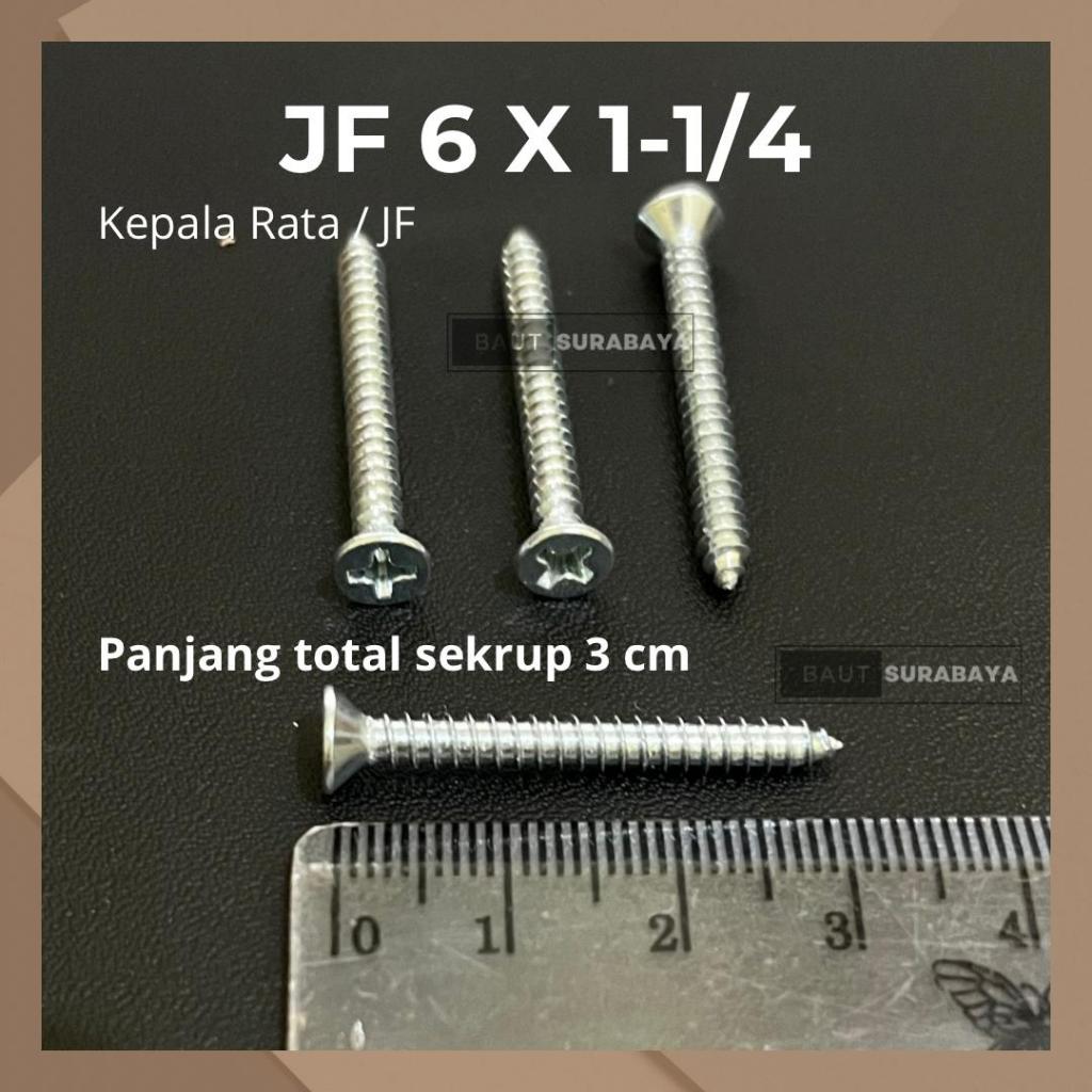 100 pcs sekrup 3cm JF 6 X 1¼ Kepala rata