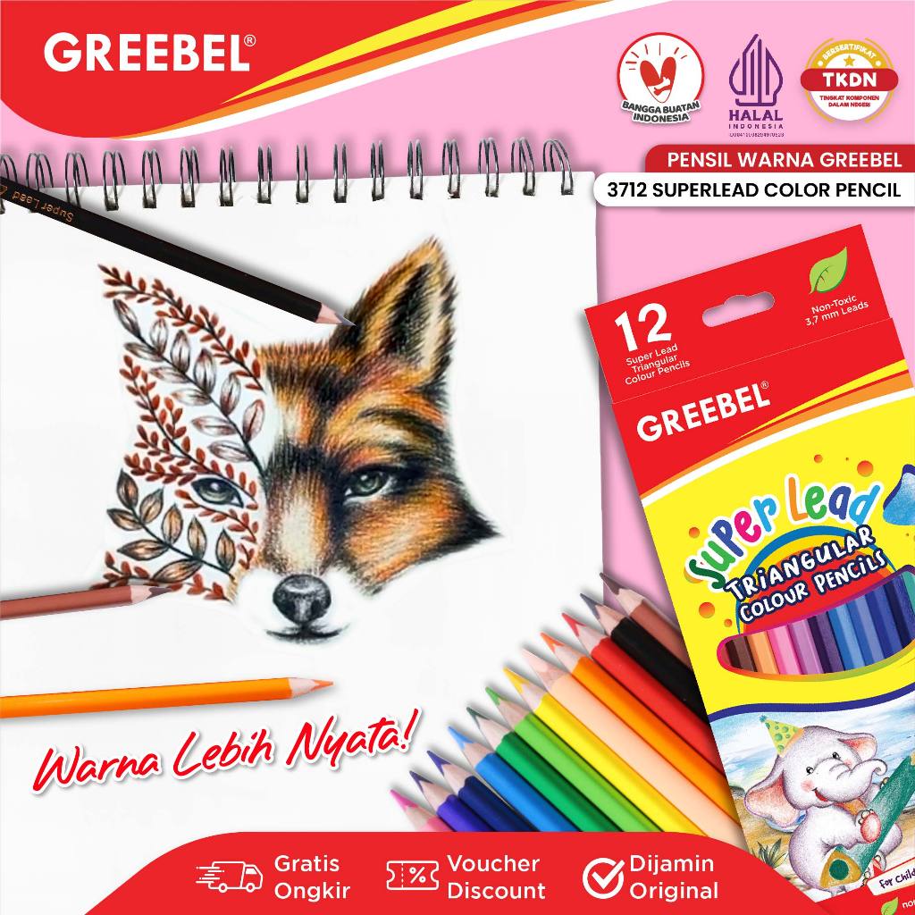 

GREEBEL Pensil Warna / Pensil Warna 12 Warna Panjang / GREEBEL 3712 Triangluar