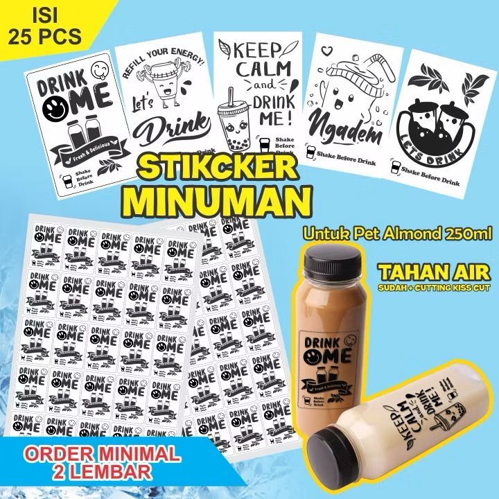 

( isi 25 pcs ) STIKER MINUMAN UNIVERSAL UNTUK BOTOL ALMOND 250ML