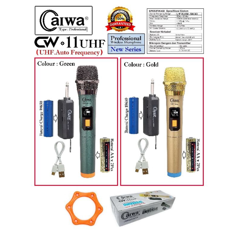 Mic Wireless Caiwa CW11 UHF +1 PC Baterai RechargeableMicrophone Mic Tanpa Kabel
Mic Vokal Karaoke 
