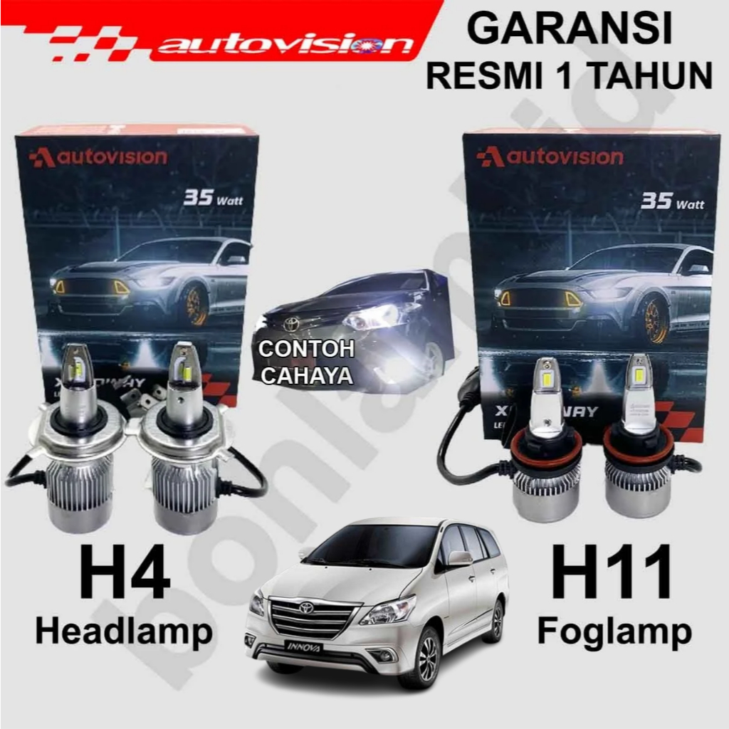 LED INNOVA Autovision Xandway 2 Set H4 + H11 6500K Lampu Headlamp + Kabut Foglamp 35W 6600 Lumens