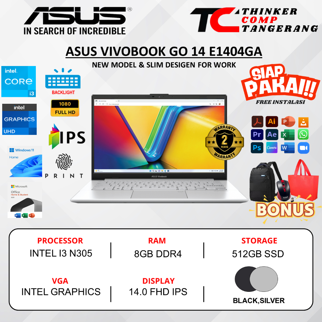 Laptop sekolah asus vivobook GO 14 E1404GA 8GB 512GB backlit windows 11