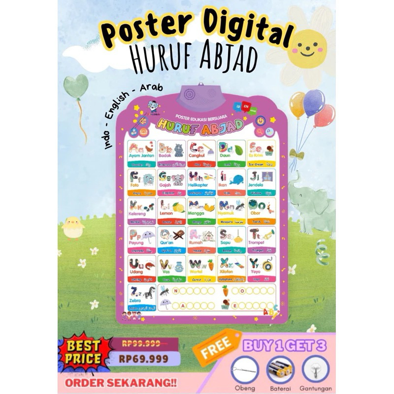 [DADAGING] POSTER DIGITAL HURUF ABJAD. Poster edukasi suara digital 2 & 3 bahasa indonesia-inggris-A