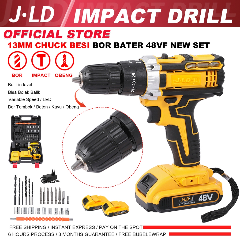 JLD Bor Baterai 48Vf 2-Speeds dengan Level Built-in dan 25+3 Mesin Bor Cordless Impact Drill