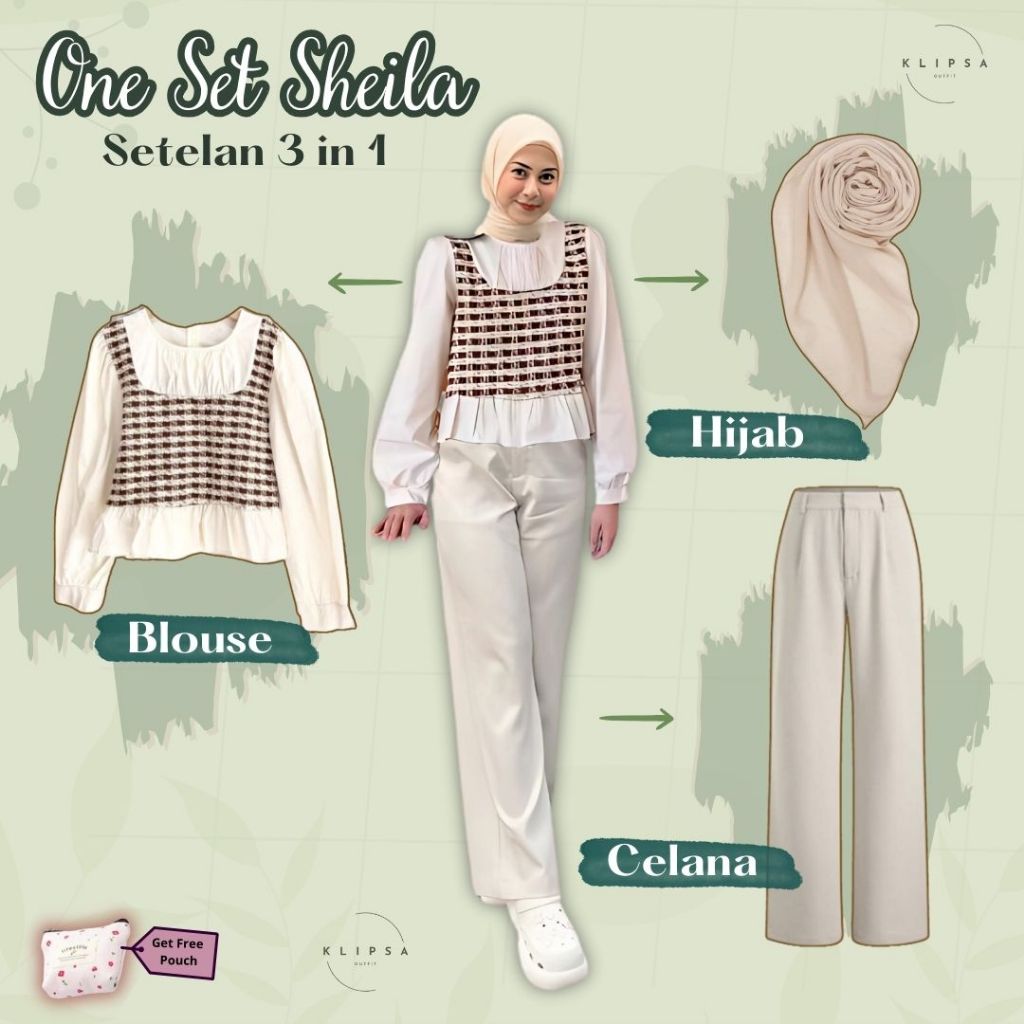 One Set Sheila (Blouse, Celana Kulot, Hijab Bella) Outfit 3 in 1 Baju Motif Kotak Wanita Kekinian