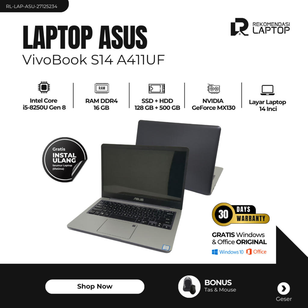 Asus VivoBook S14 A411UF Intel Core i5-8250U Gen 8 NVIDIA GeForce MX130 Intel UHD Graphics 620 RAM 1