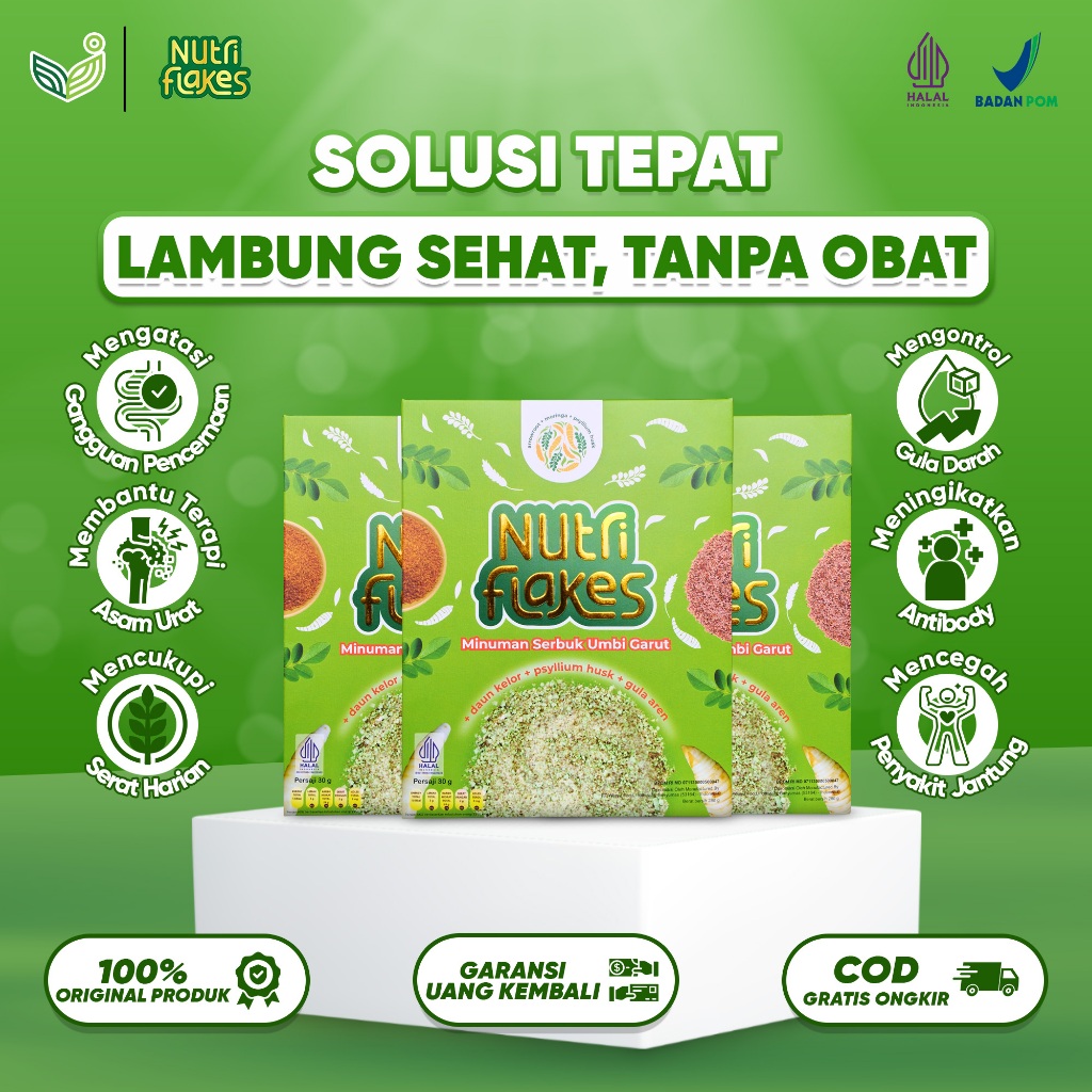 

PAKET 3 BOX NUTRIFLAKES - SEREAL UMBI GARUT & DAUN KELOR AMPUH ATASI ASAM LAMBUNG, GERD & MAAG